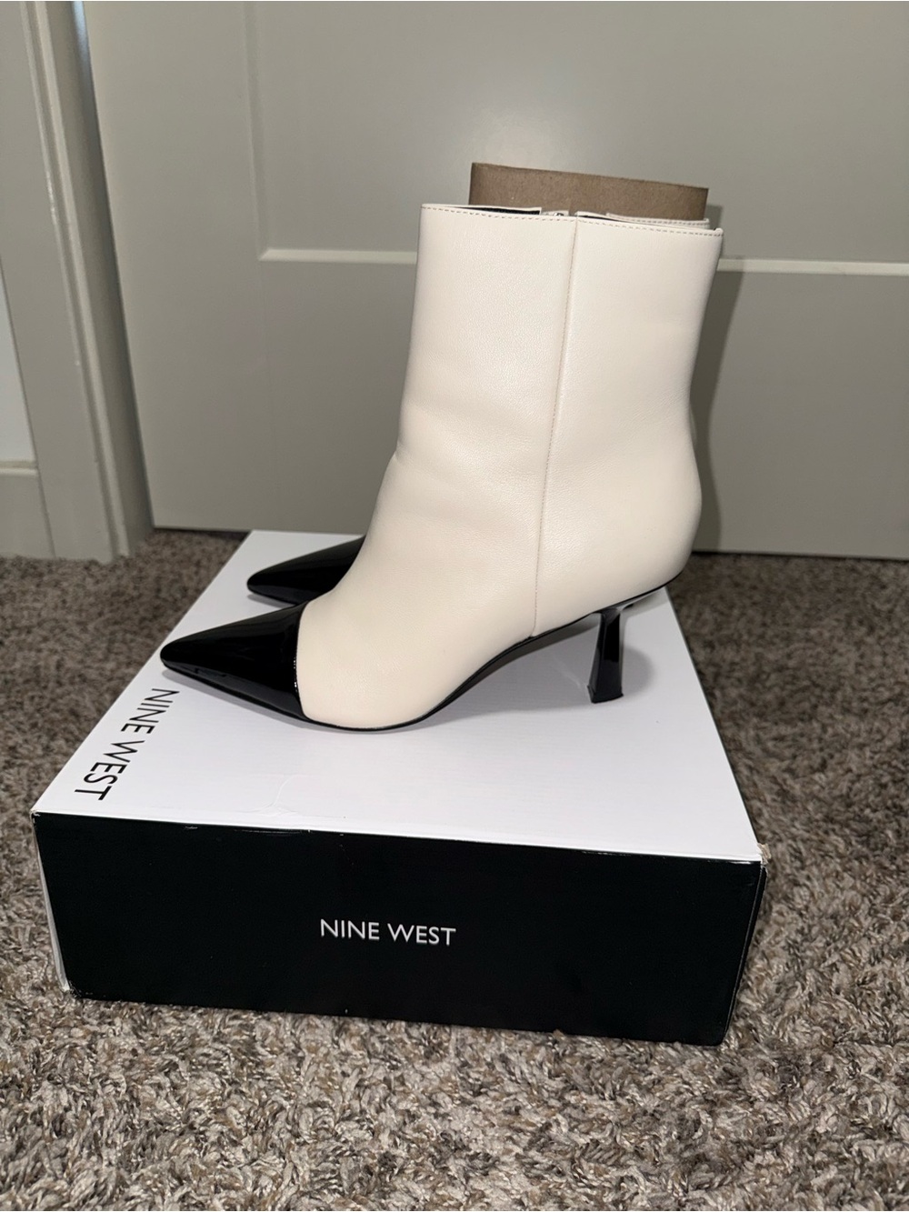 Nine West Cream Ankle Boots with Black Patent Pointed Toe - Picture 2 of 5